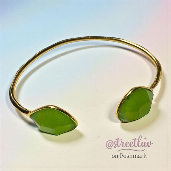 Stella & Dot Green Serenity Stone Cuff Bracelet Gold Tone Adjustable - Picture 1 of 9